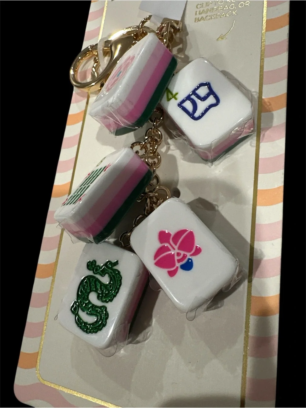 Gold Mahjong Tile Keychain with Pink & Green Accents